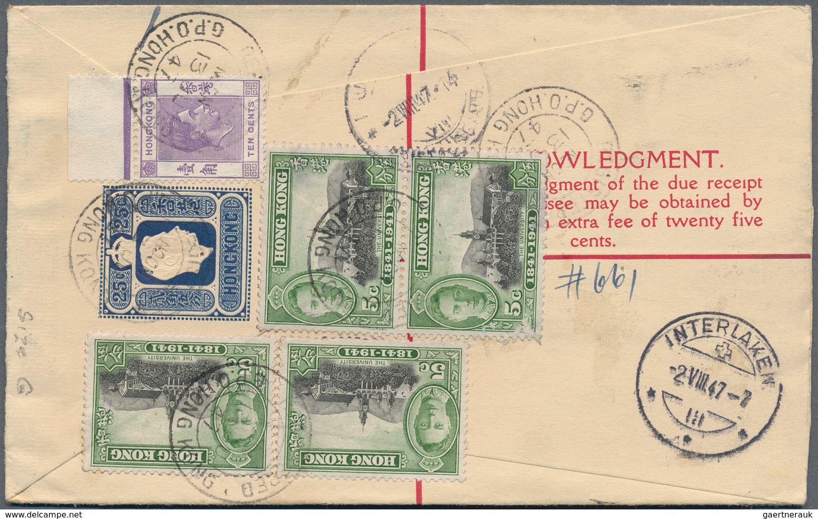 Hongkong - Besonderheiten: 1940 (ca.), Registratioon Envelope KGVI 25 C. Size G With On Reverse Extr - Andere & Zonder Classificatie