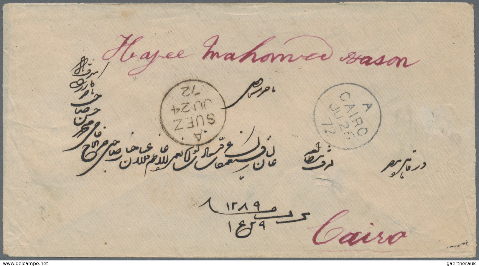 Indien: 1872 Cover From Bombay To Cairo, Egypt Via Suez, Franked On The Reverse By Eleven ½a. Pale B - 1852 Sind Province