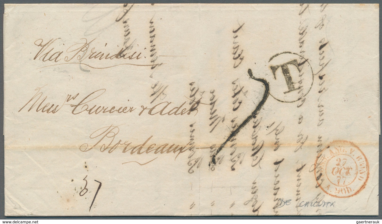 Indien: 1877. Stampless Envelope Written From Calcutta Dated '5th Oct 1877' Addressed To France Canc - 1852 Sind Province