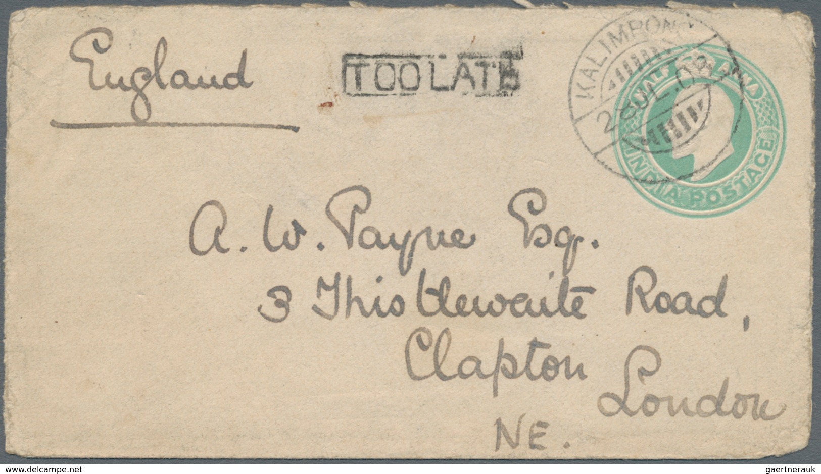 Indien - Used Abroad: Bhutan 1908. Indian KEVII Postal Stationery Envelope 'half Anna' Green (opened - Other & Unclassified