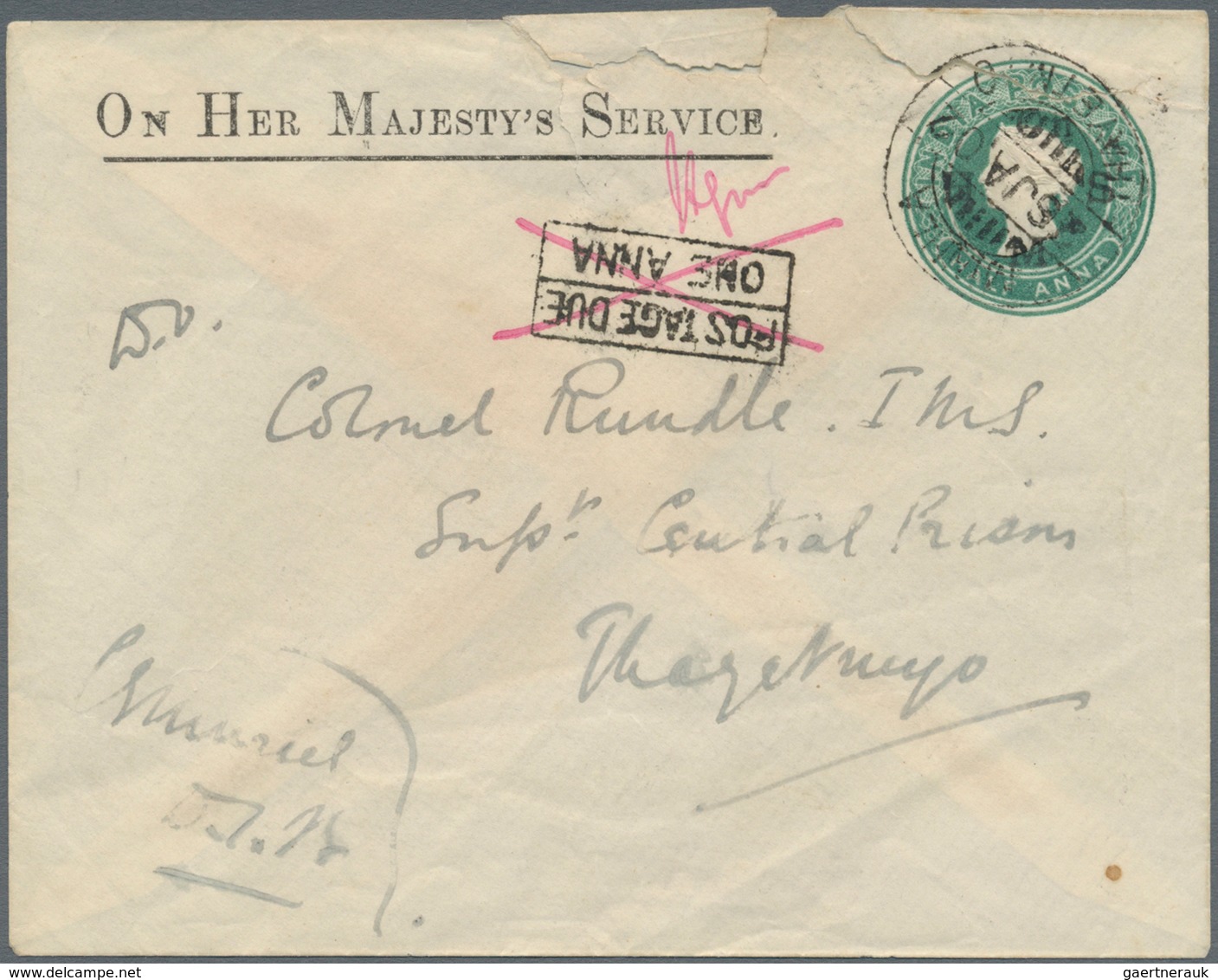 Indien - Used Abroad: Burma 1902. Indian Official Postal Stationery Envelope 'half Anna ' Green (rou - Andere & Zonder Classificatie