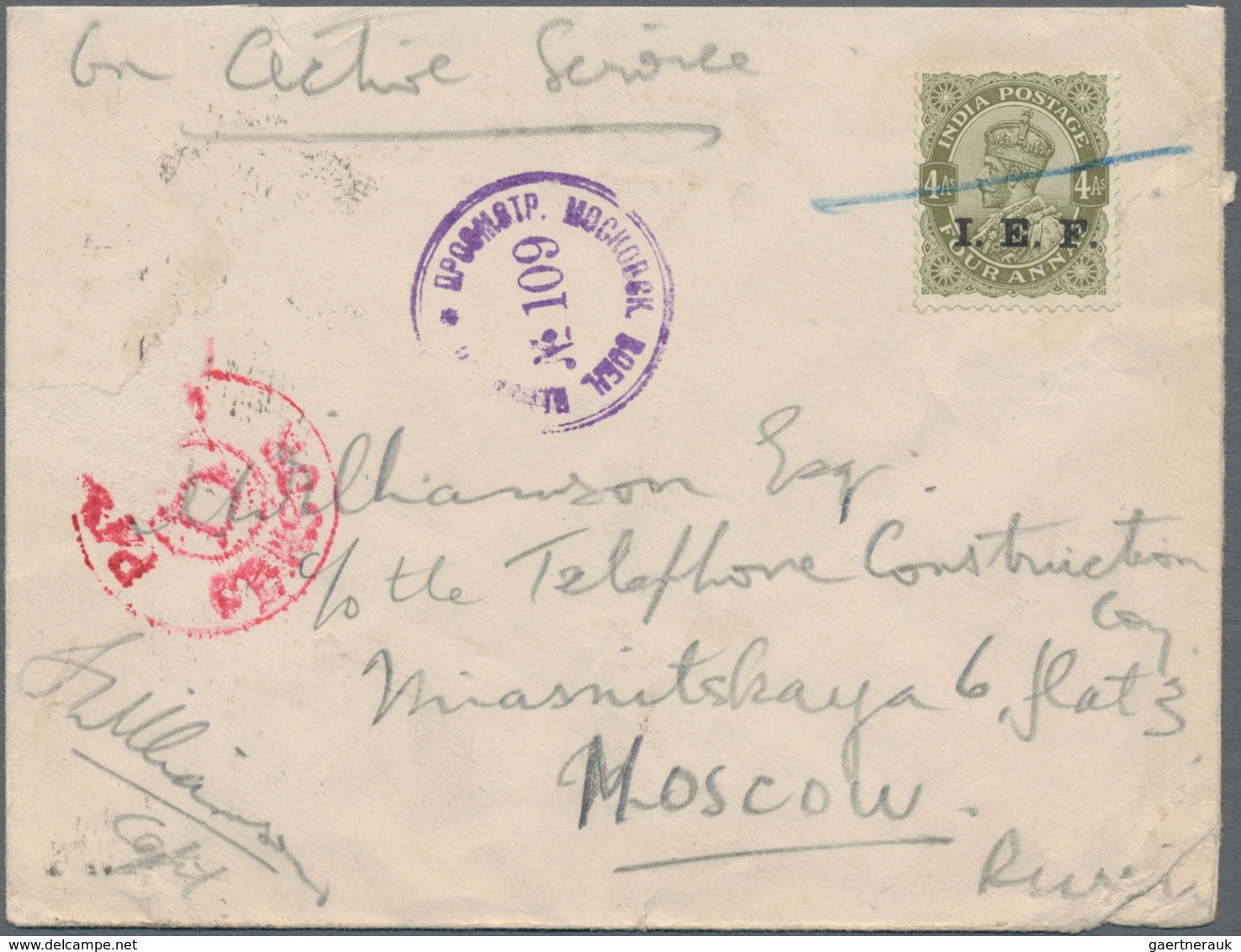 Indien - Feldpost: 1917. Envelope (lower Right Corner Crease) Addressed To Russia Bearing 'I.E.F.' S - Franquicia Militar