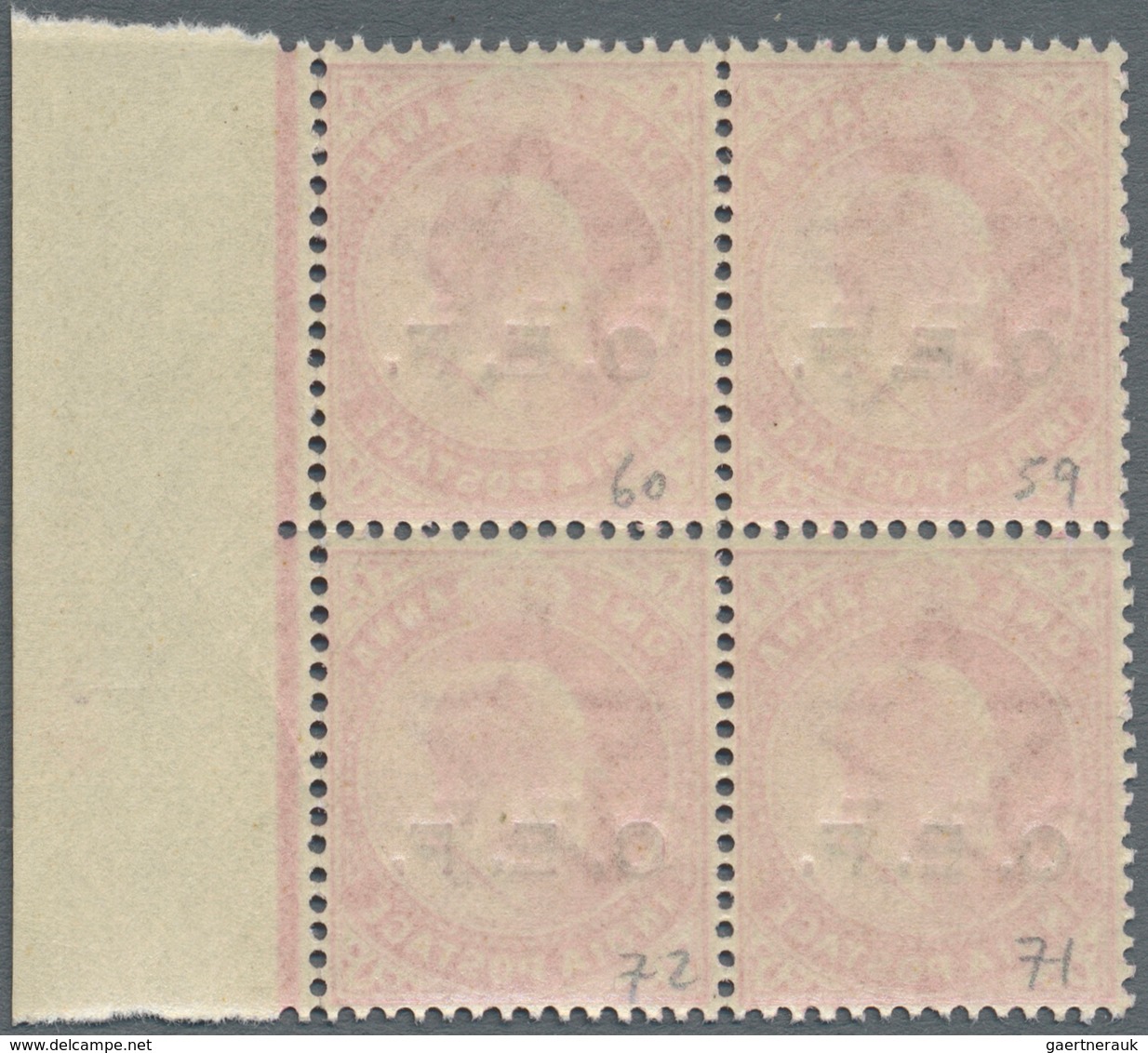 Indien - Indische Polizeitruppen: India, C.E.F., 1905/11, 1 Anna Carmine, A Marginal Block Of 4, Var - Militärpostmarken