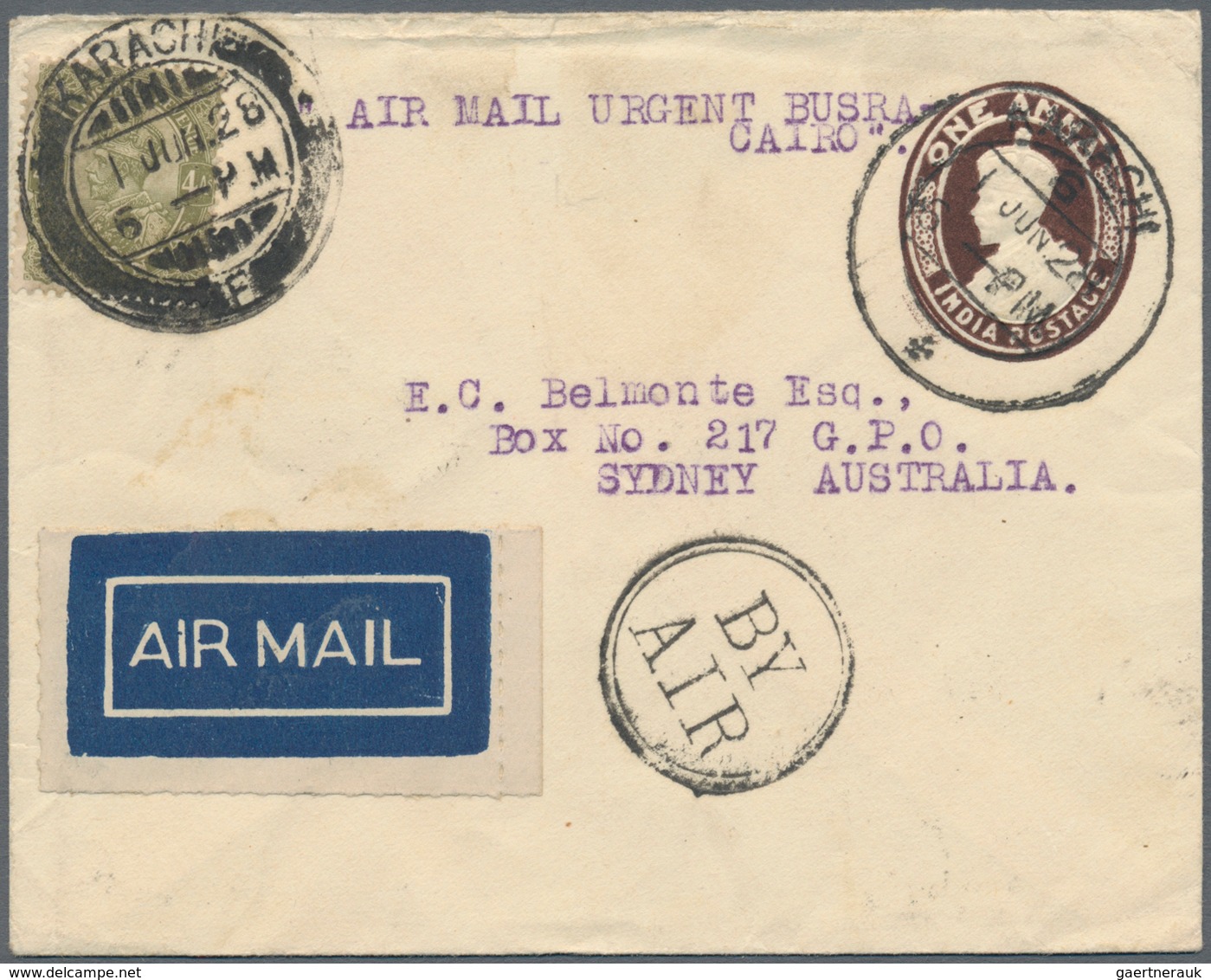 Indien - Flugpost: 1928. Indian Postal Stationery Envelope 1a Brown Upgraded With SG 174, 4a Olive T - Airmail