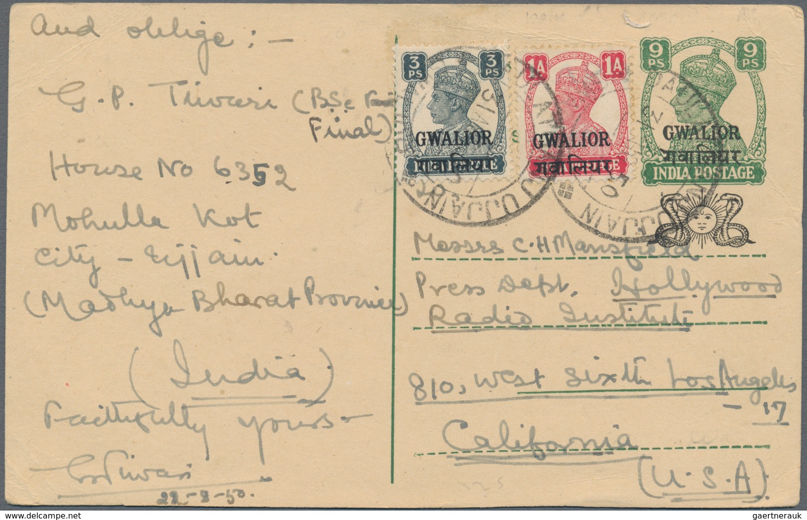 Indien - Konventionalstaaten: Gwalior, 1950. Gwalior Postal Stationery Card 9p Green Upgraded With S - Otros & Sin Clasificación