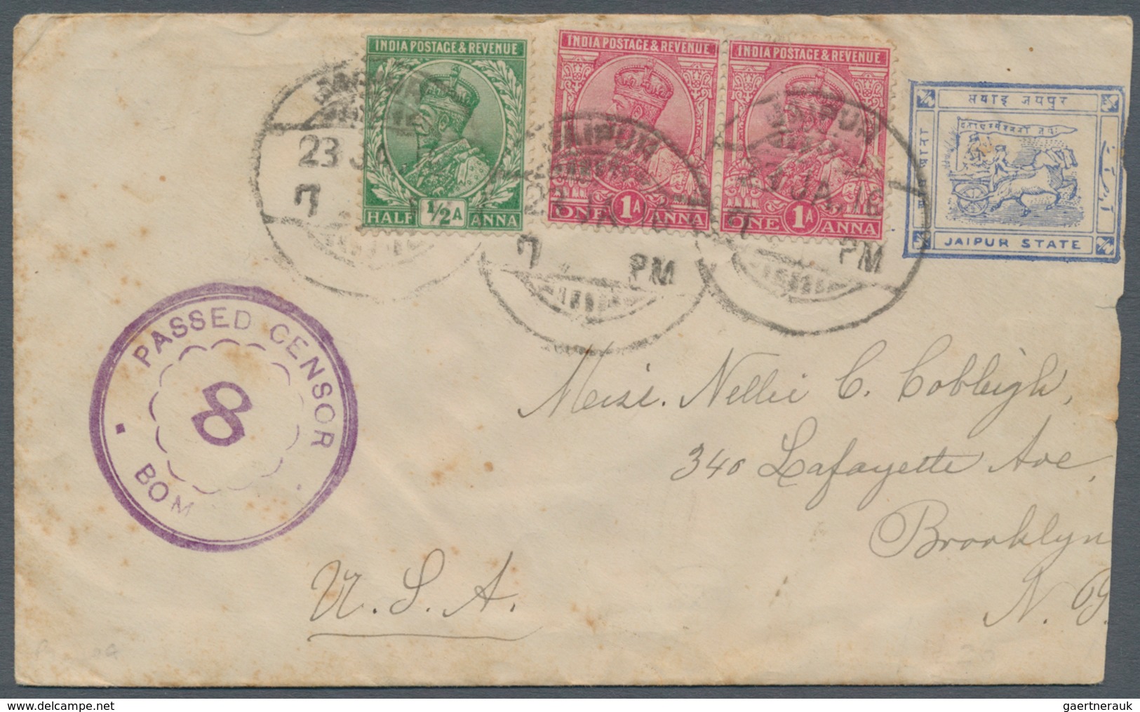 Indien - Feudalstaaten: JAIPUR 1912 Postal Stationery Envelope ½a. Blue Used From Jaipur To Brooklyn - Otros & Sin Clasificación