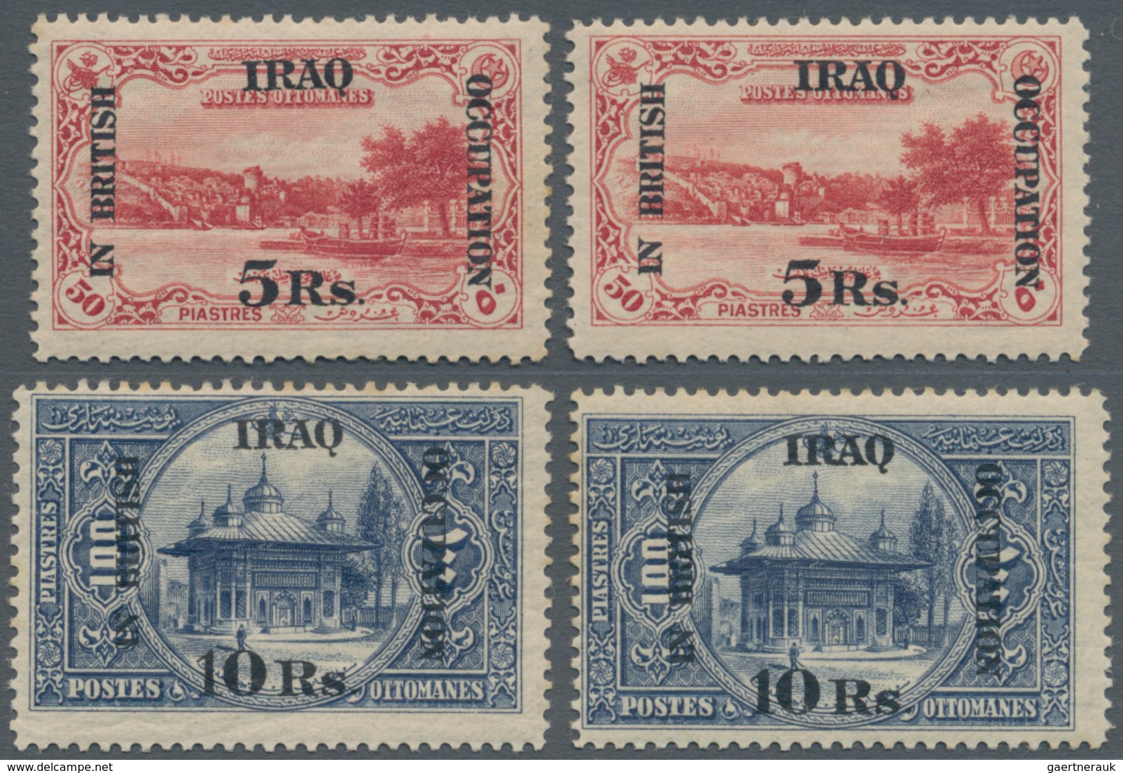 Irak: BRITISH OCCUPATION: 1918, Turkish Stamps 5r. On 50pi. Rose And 10r. On 100pi. Indigo Optd. 'IN - Irak