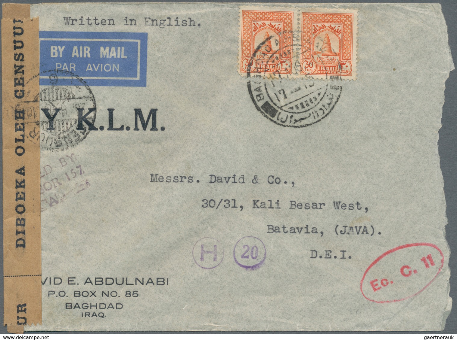 Irak: 1941. Air Mail Envelope (roughly Opened) Addressed To Batavia, Netherlands Indies Bearing Iraq - Irak