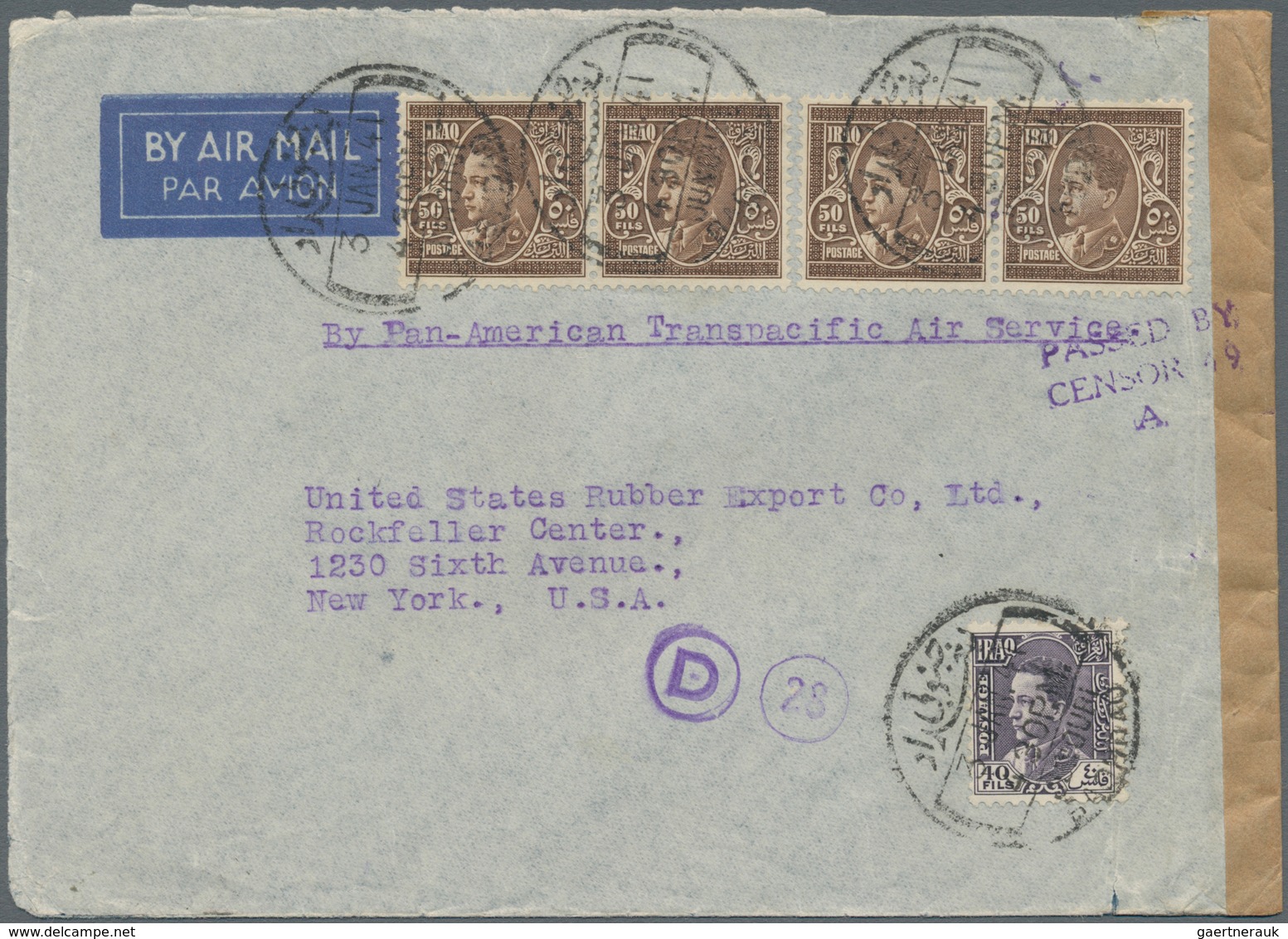 Irak: 1941. Air Mail Envelope Addressed To New York Bearing Iraq Yvert 117, 40f Violet And Yvert 118 - Irak