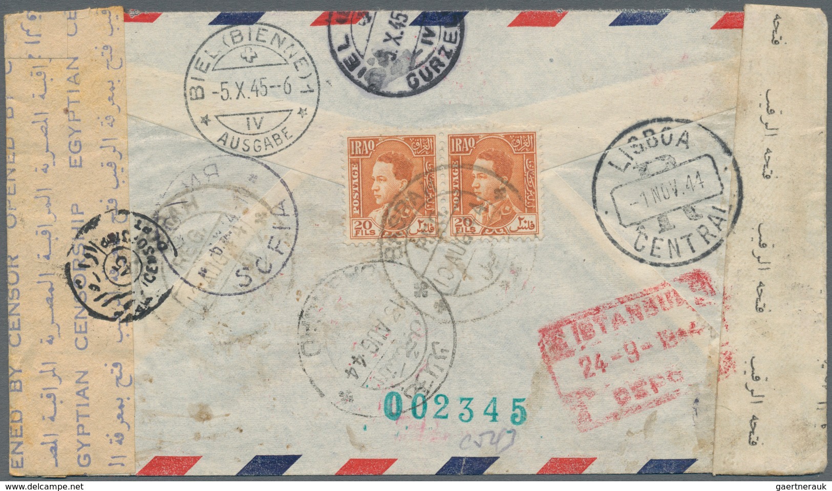 Irak: 1944. Registered Air Mail Envelope Addressed To Bienne, Switzerland Bearing Iraq Yvert 114, 20 - Irak