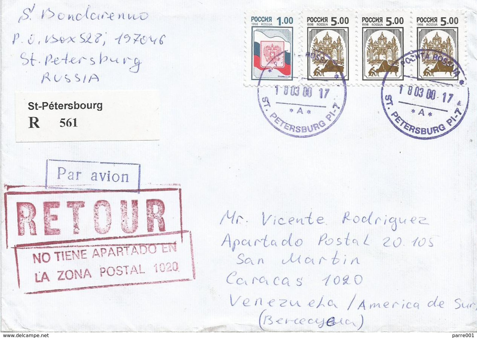 Venezuela 2000 Caracas Returned Handstamp St Petersburg Russia Registered Cover - Venezuela