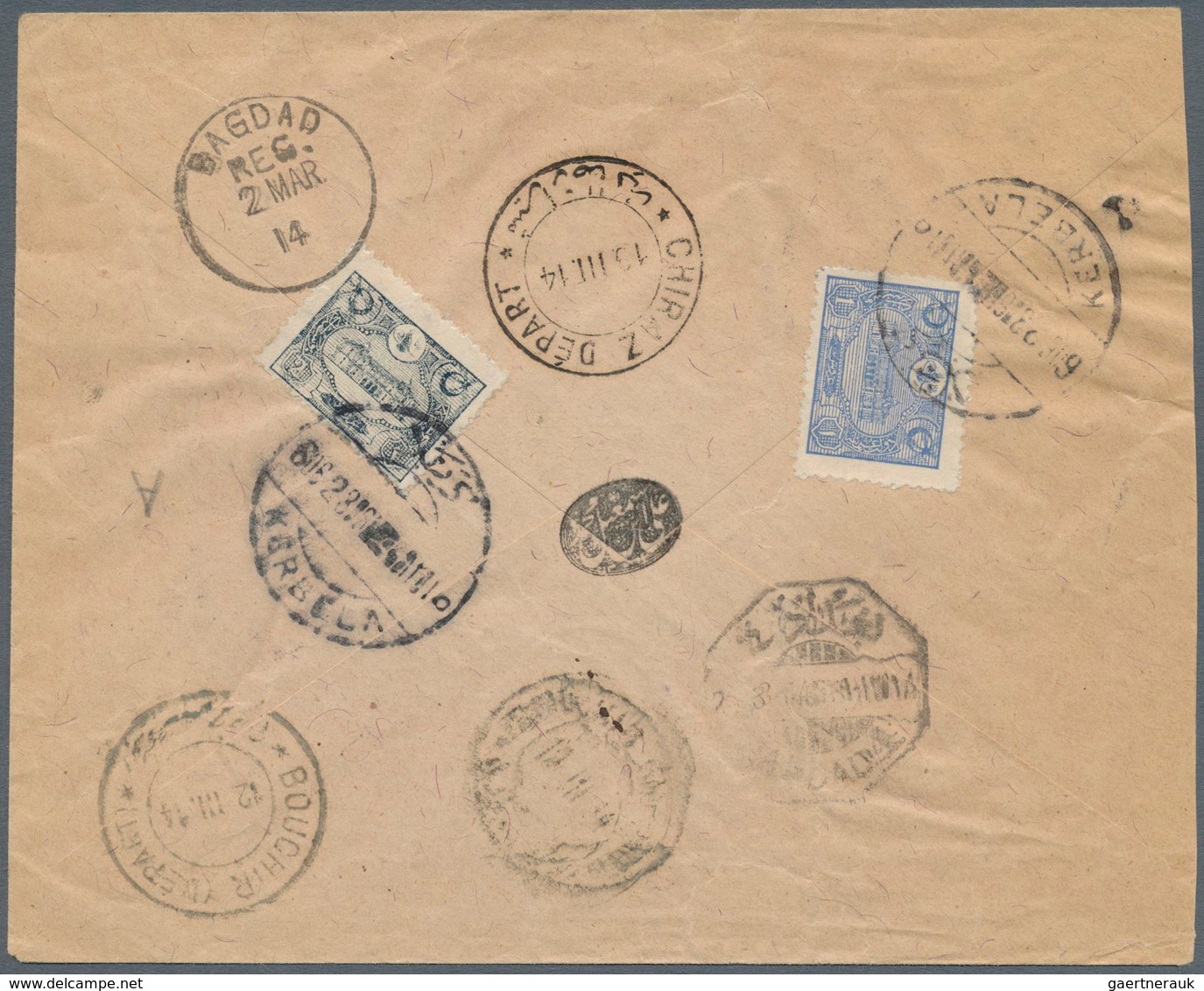 Irak - Stempel: 1914, "KERBELA" C.d.s. On Registered Cover Bearing 1 Pia. Blue And 2 Pia. Slate 1913 - Irak