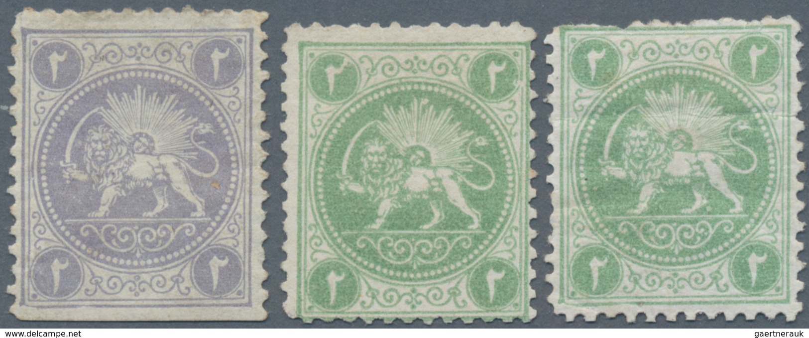 Iran: 1868, 2 Sh. Green And Violet, Three Barre Essays Lion Issue, One Thin And Minor Faults, Fine, - Iran