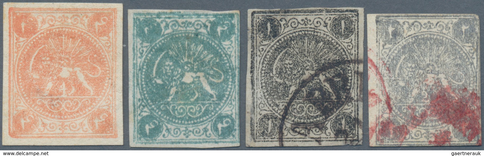 Iran: 1868-75, Four Stamps Lions Issues Mint And Used, 4 Ch. Greenish Blue On Pellure Paper, Three S - Iran