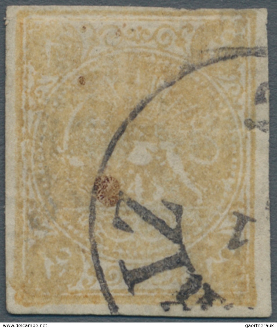 Iran: 1876, Lion Issue 4 Kr. Yellow, Laid Paper, Tied By "TABRIZ" Part Cds., Wide Margins On Three S - Iran