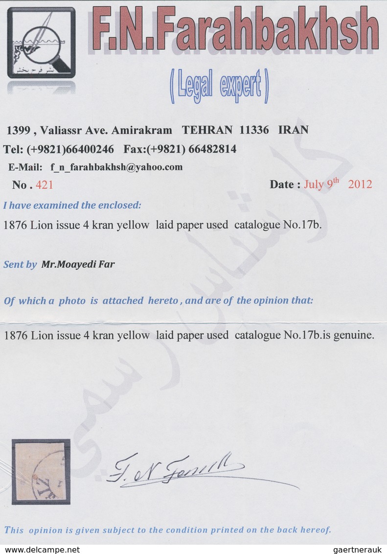 Iran: 1876, Lion Issue 4 Kr. Yellow, Laid Paper, Tied By "TABRIZ" Part Cds., Wide Margins On Three S - Iran