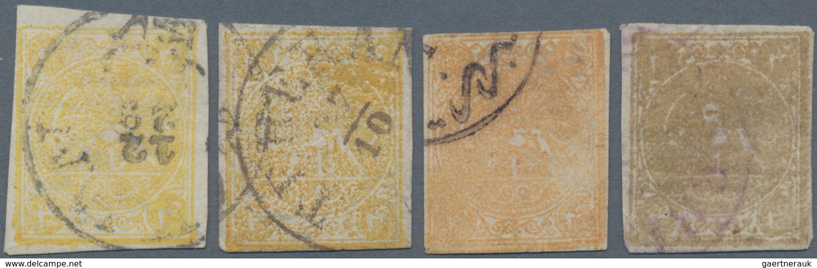 Iran: 1876, Lion Issue, 4kr. Yellow, Four Used Copies In Different Shades, Partly Slight Imperfectio - Irán