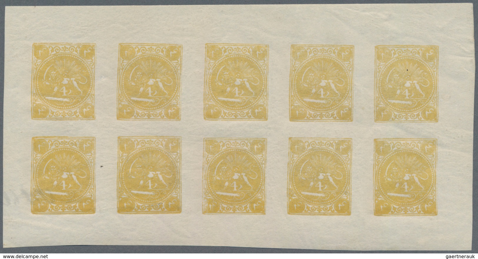 Iran: 1900 Ca., Lions Issue Two Imperf Reprint Sheets Of On Watermarked Paper, Yellow And Deep Viole - Iran