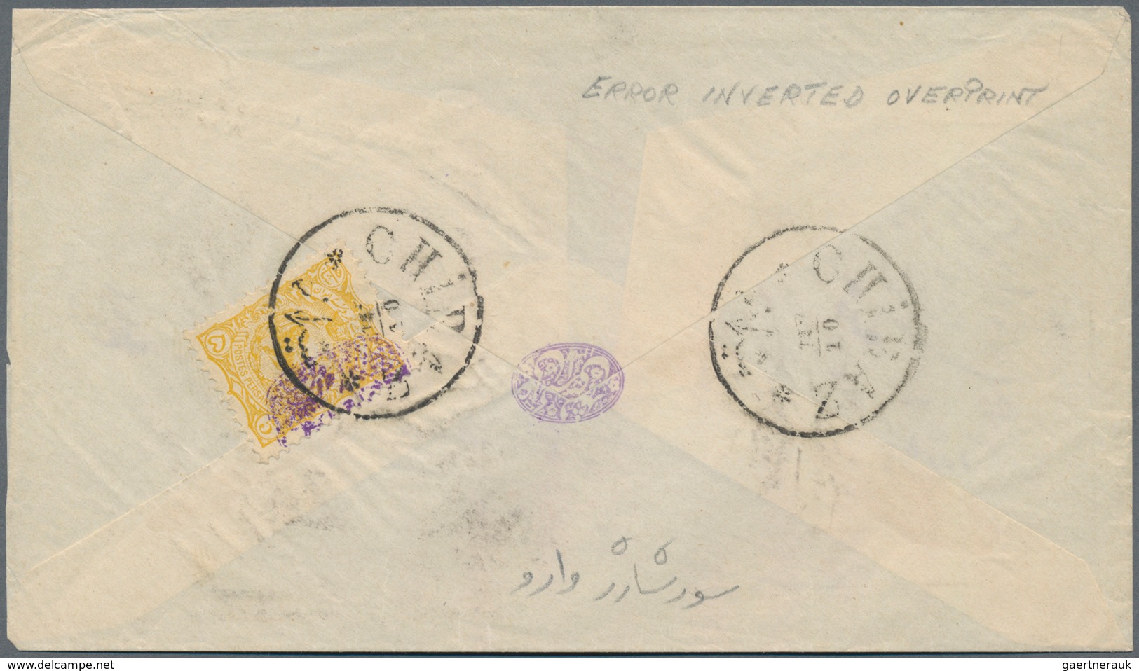 Iran: 1900 Ca., Two Covers From Chiraz And Boushir Franked By 5 Ch. Yellow, Each With Inverted Nesha - Iran