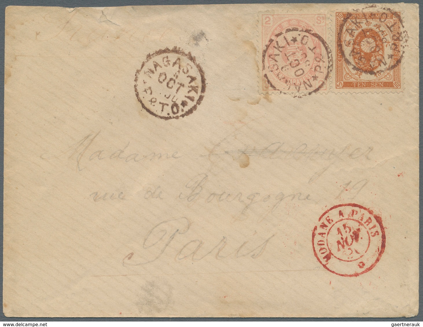 Japan: 1890. Envelope (stains) To France Bearing Koban Yvert 63, 2s Pale Rose And Yvert 81, 10s Brow - Andere & Zonder Classificatie