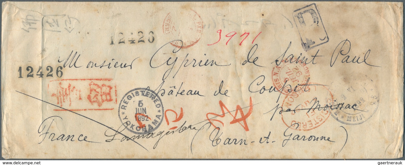 Japan: 1892. Registered Envelope(stained) Addressed To France Bearing 'Koban' SG 114, 2s Rose And SG - Andere & Zonder Classificatie