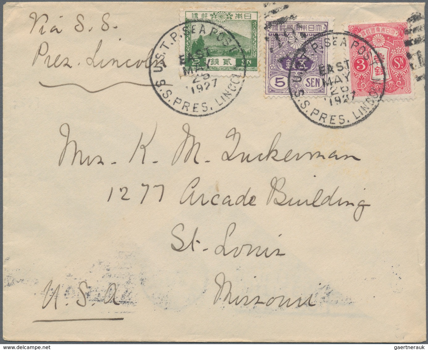 Japan: 1914/26, Three-colour Franking Tied Clear "U.S. T. P. SEA POST S. S. PRES. LINCOLN EAST MAY 2 - Andere & Zonder Classificatie