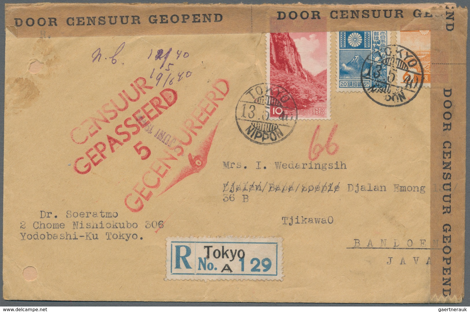 Japan: 1940. Registered Air Mail Envelope (small Faults/holes) Addressed To Tjikawao, Java Bearing J - Andere & Zonder Classificatie