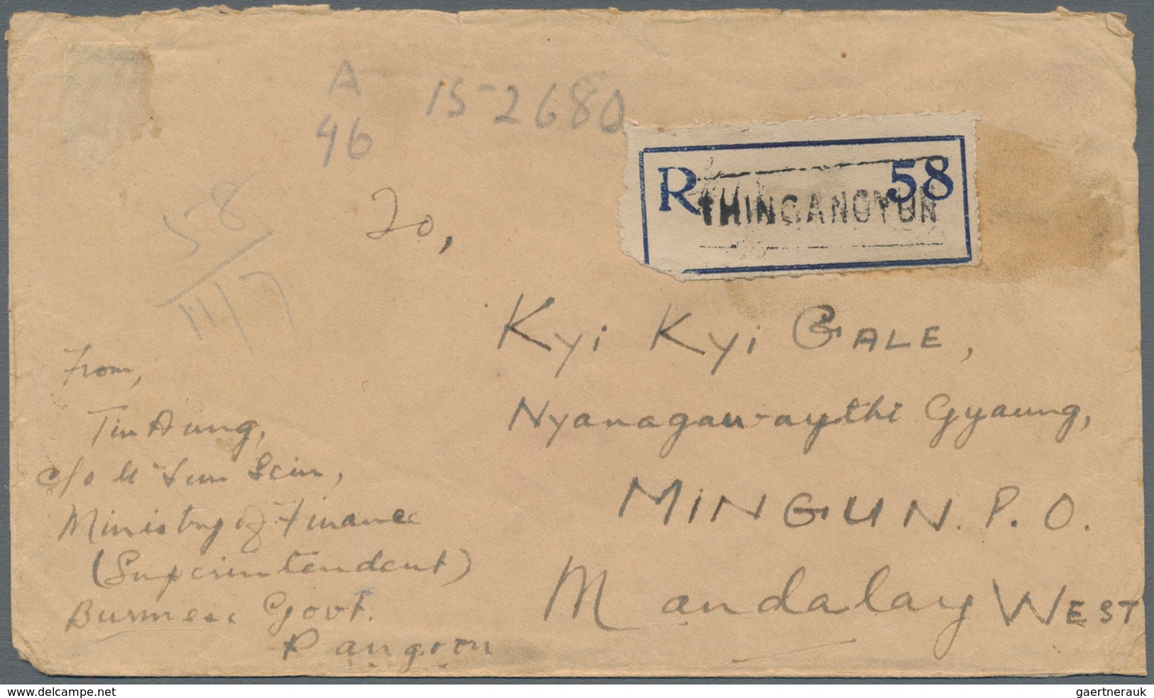 Japanische Besetzung  WK II - Burma: 1944. Registered Envelope Written From The 'Superintendent Of T - Myanmar (Burma 1948-...)