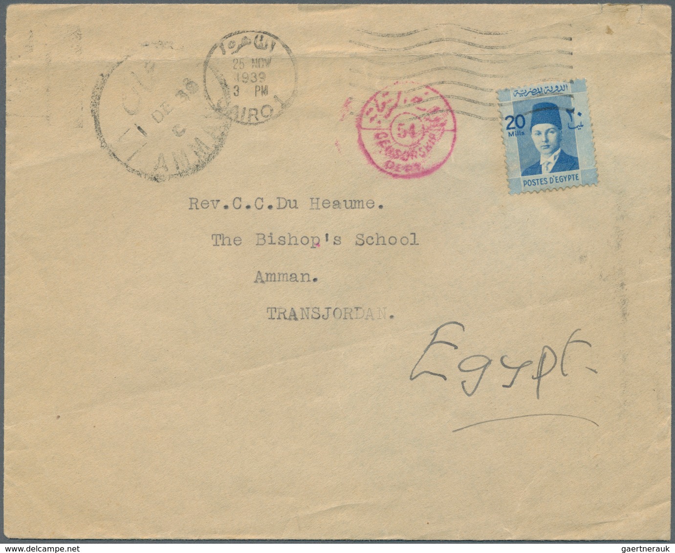 Jordanien: 1939. Censored Envelope (crease) Addressed To 'The Bishop's School, Amman, Jordan' Bearin - Jordanie