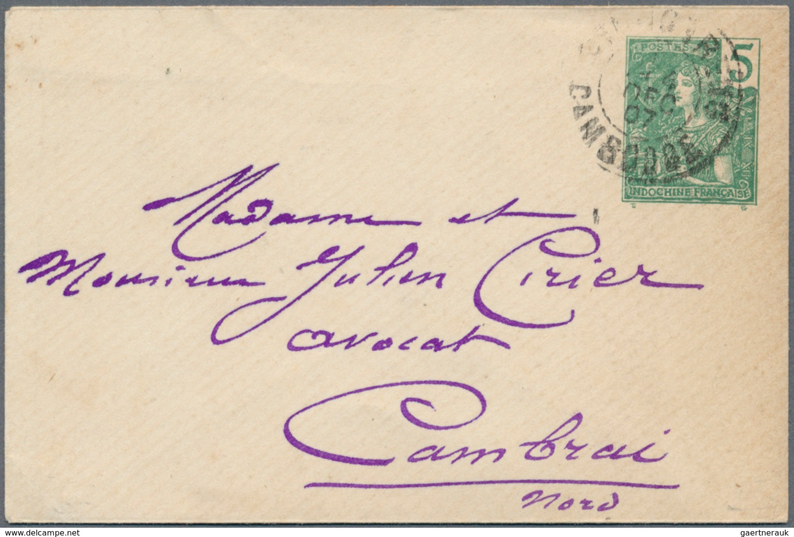 Kambodscha: 1907/39, Usealed Stationery Envelope Used "SINGIRENG" To France And Incoming Censored Ma - Cambodia