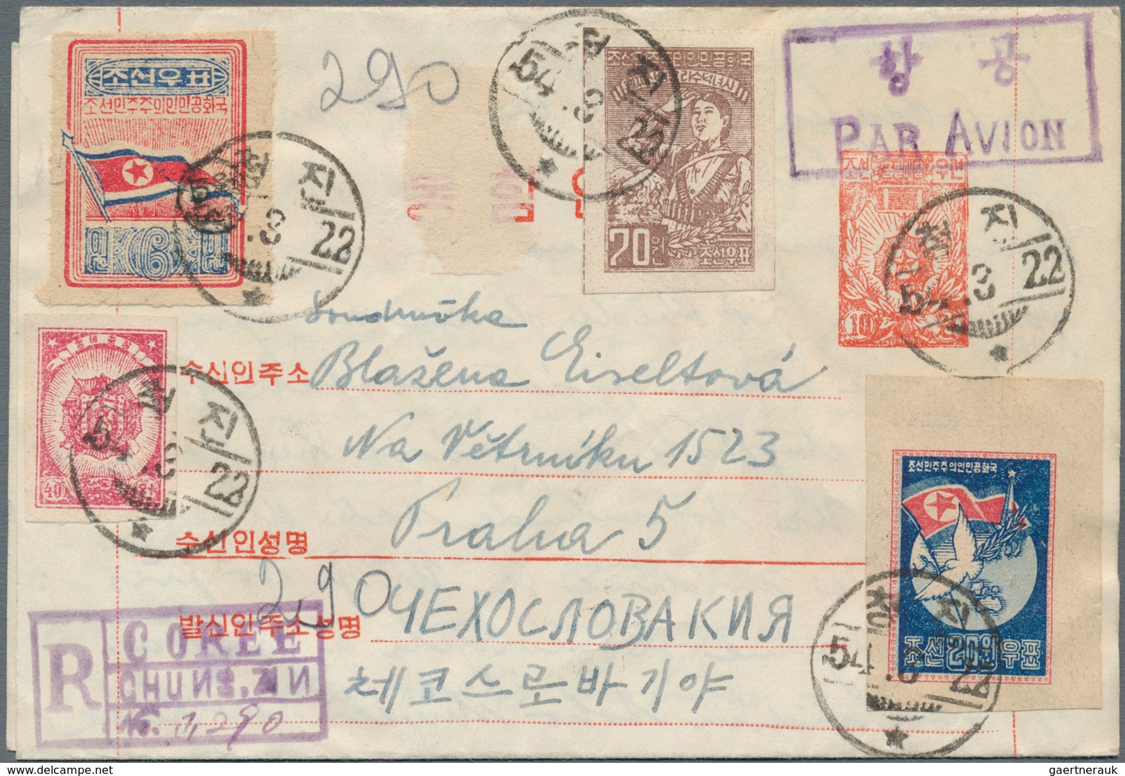 Korea-Nord: 1953, Stationery Envelope Gold Star Medal 10 W. Carmine Uprated Four Stamps Tied "Chongj - Korea (Noord)