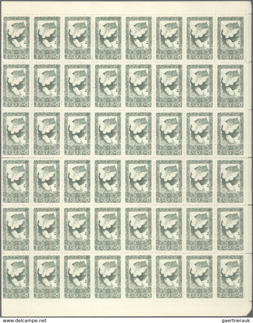 Korea-Nord: 1965, Silk Production Set Of Three Values In Full Sheets Of 96 (16x6), One Vertical Fold - Korea (Noord)