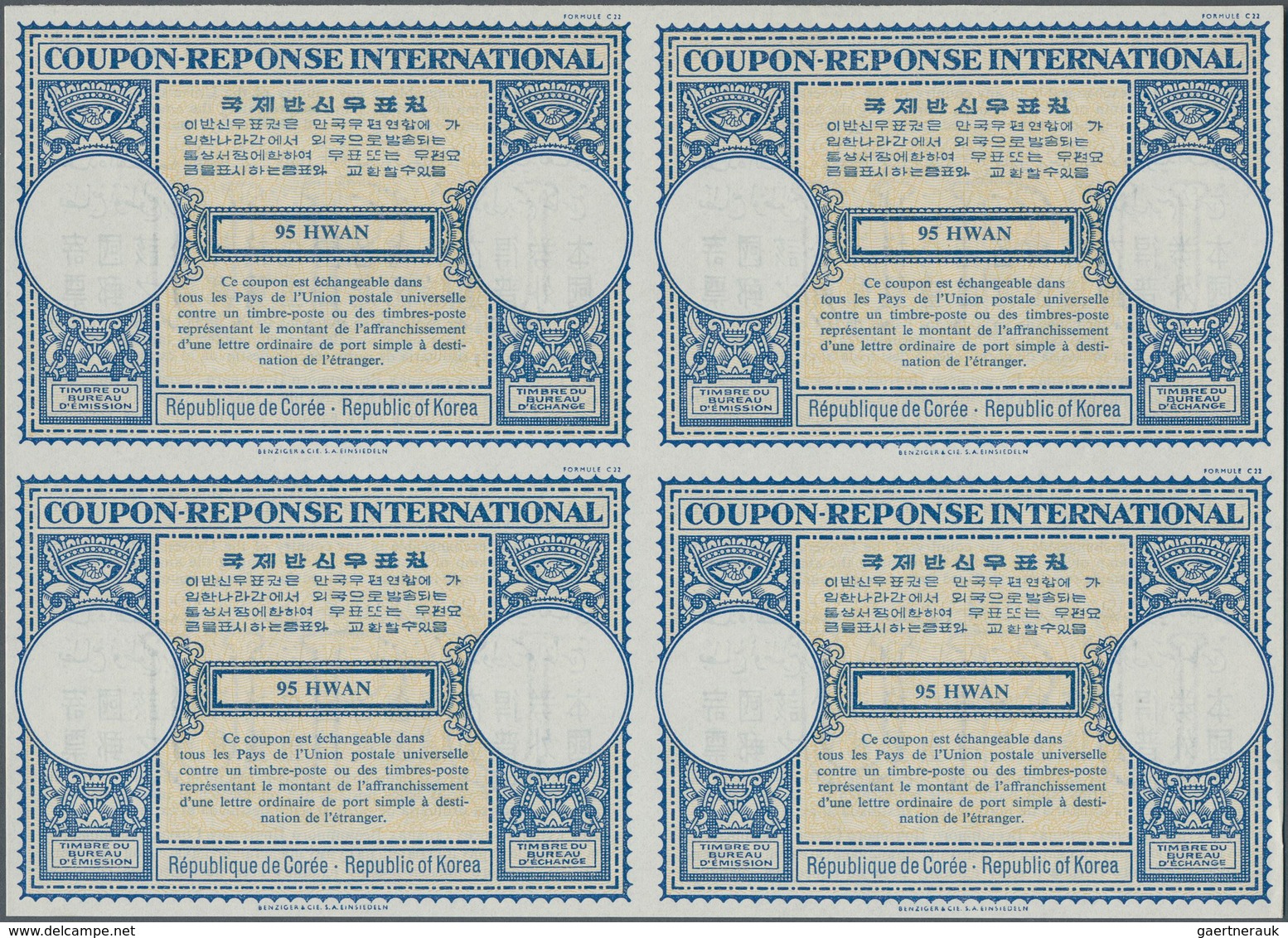 Korea-Süd: 1959. International Reply Coupon 95 Hwan (London Type) In An Unused Block Of 4. Issued Au - Corea Del Sur
