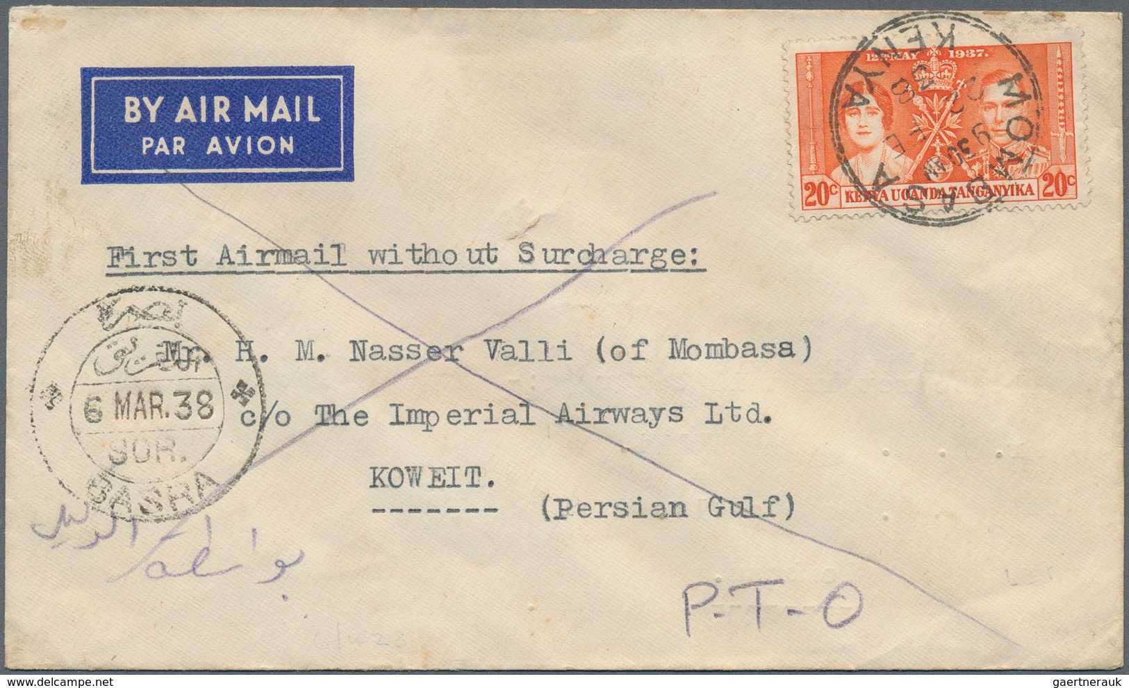 Kuwait: 1938. Air Mail Envelope From Mombasa/Kenya Addressed To 'c/o The Imperial Airways, Kuwait, P - Kuwait