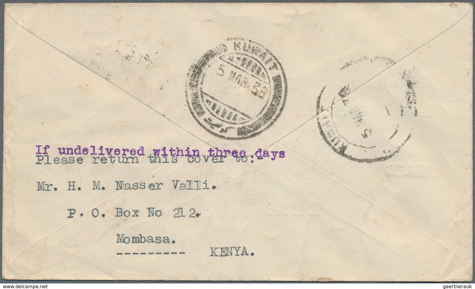 Kuwait: 1938. Air Mail Envelope From Mombasa/Kenya Addressed To 'c/o The Imperial Airways, Kuwait, P - Kuwait