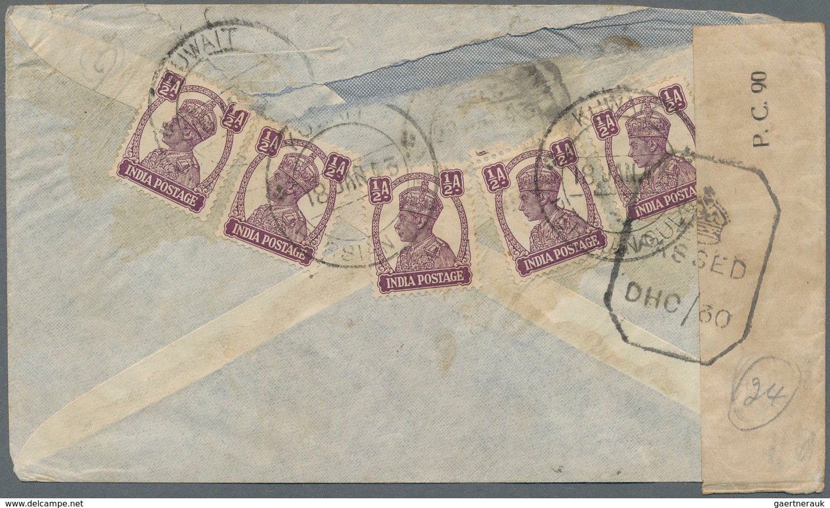 Kuwait: 1943 Cover (faults) From Kuwait To Bombay Franked On The Reverse By Five Singles Of India KG - Koeweit
