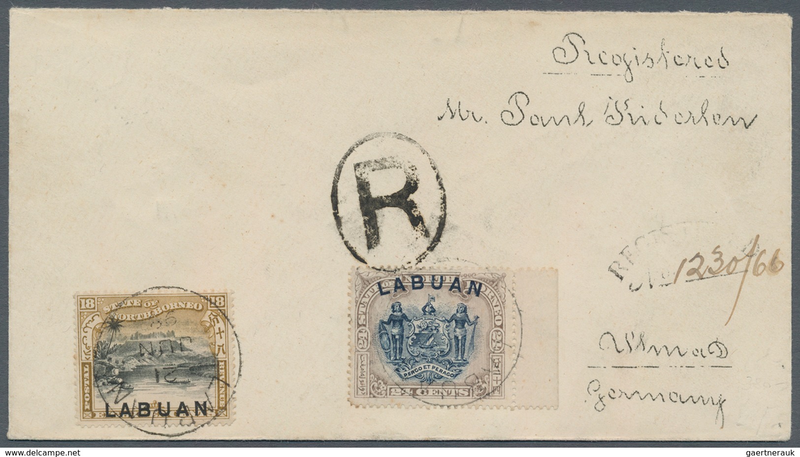 Labuan: 1898 Registered Cover From Labuan To Ulm, Germany Franked By 1897 18c Olive-bistre, Perf 16, - Andere & Zonder Classificatie