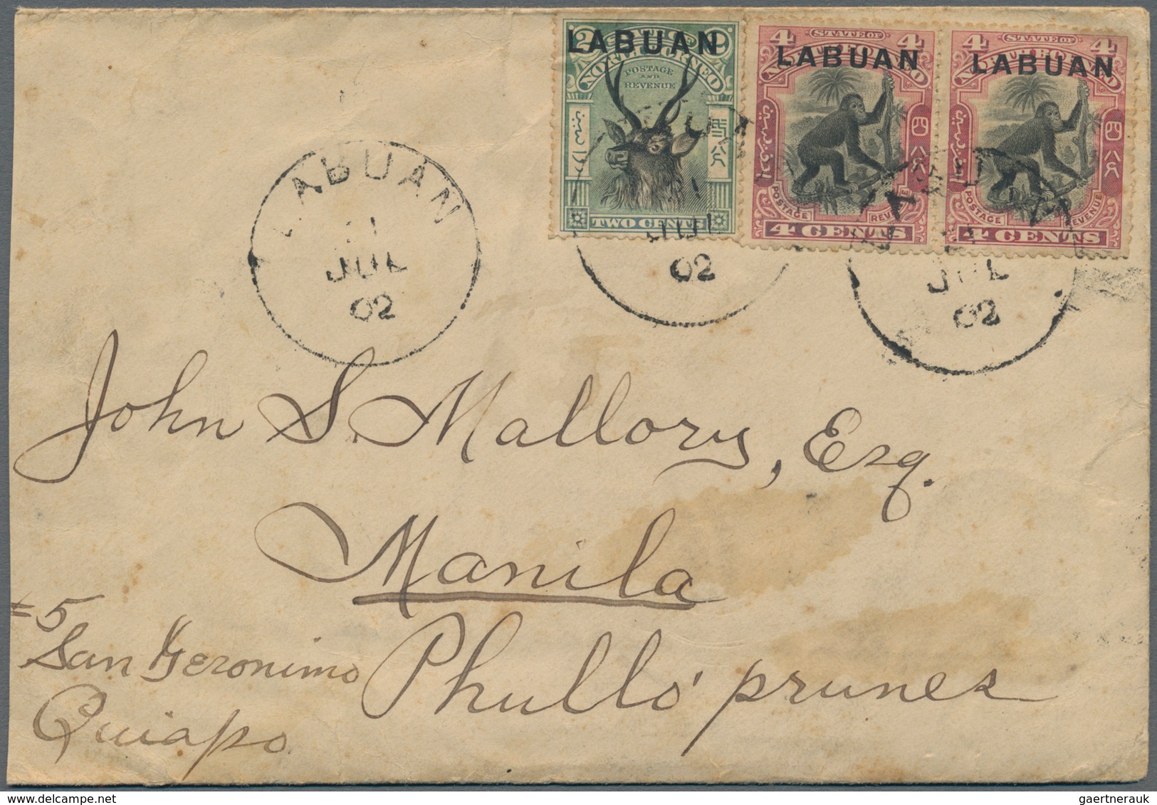 Labuan: 1902 Cover From Labuan To Manila, PHILIPPINES In 1902, Franked By 1900 2c. Black & Green And - Andere & Zonder Classificatie