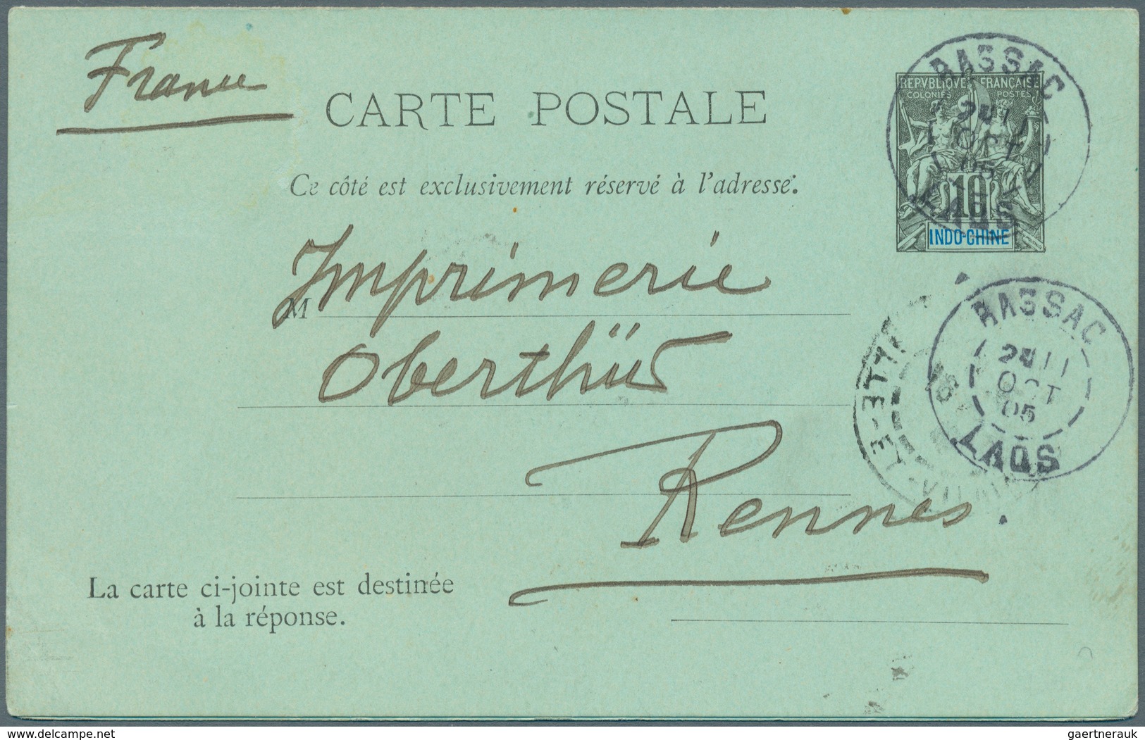 Laos: 1905, Used Indochina Postal Stationery Double Card (1892 Issue) From BASSAC, LAOS To Rennes, F - Laos