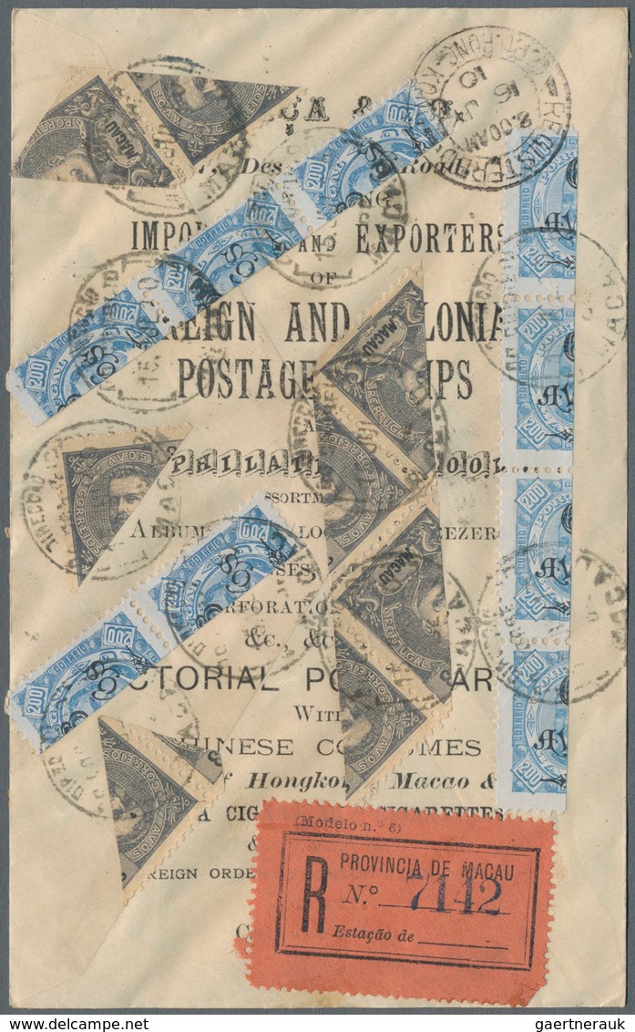 Macau: 1902/03, Bisects 6 Avos./200 R. (14 Inc. Strips-4, -3 And Pair) Resp. Of 3 Avos Grey (18 Inc. - Andere & Zonder Classificatie