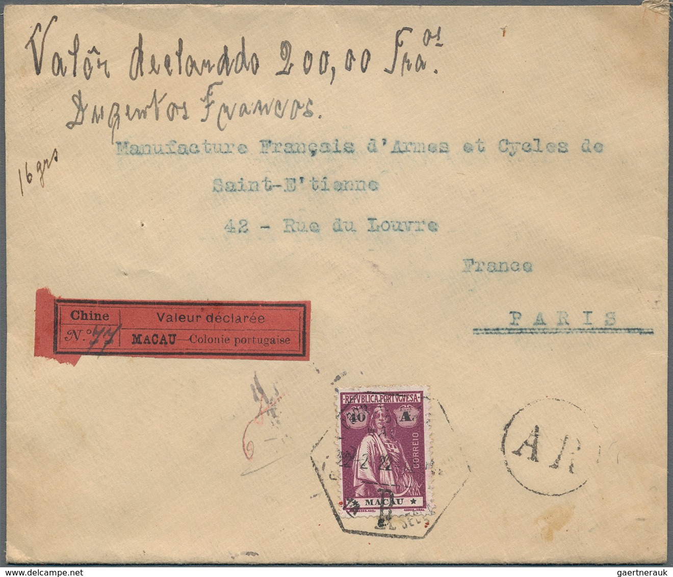 Macau: 1922, 40a. Reddish Purple/black, Single Franking On Insured Avis De Reception Letter (16 Gr./ - Otros & Sin Clasificación