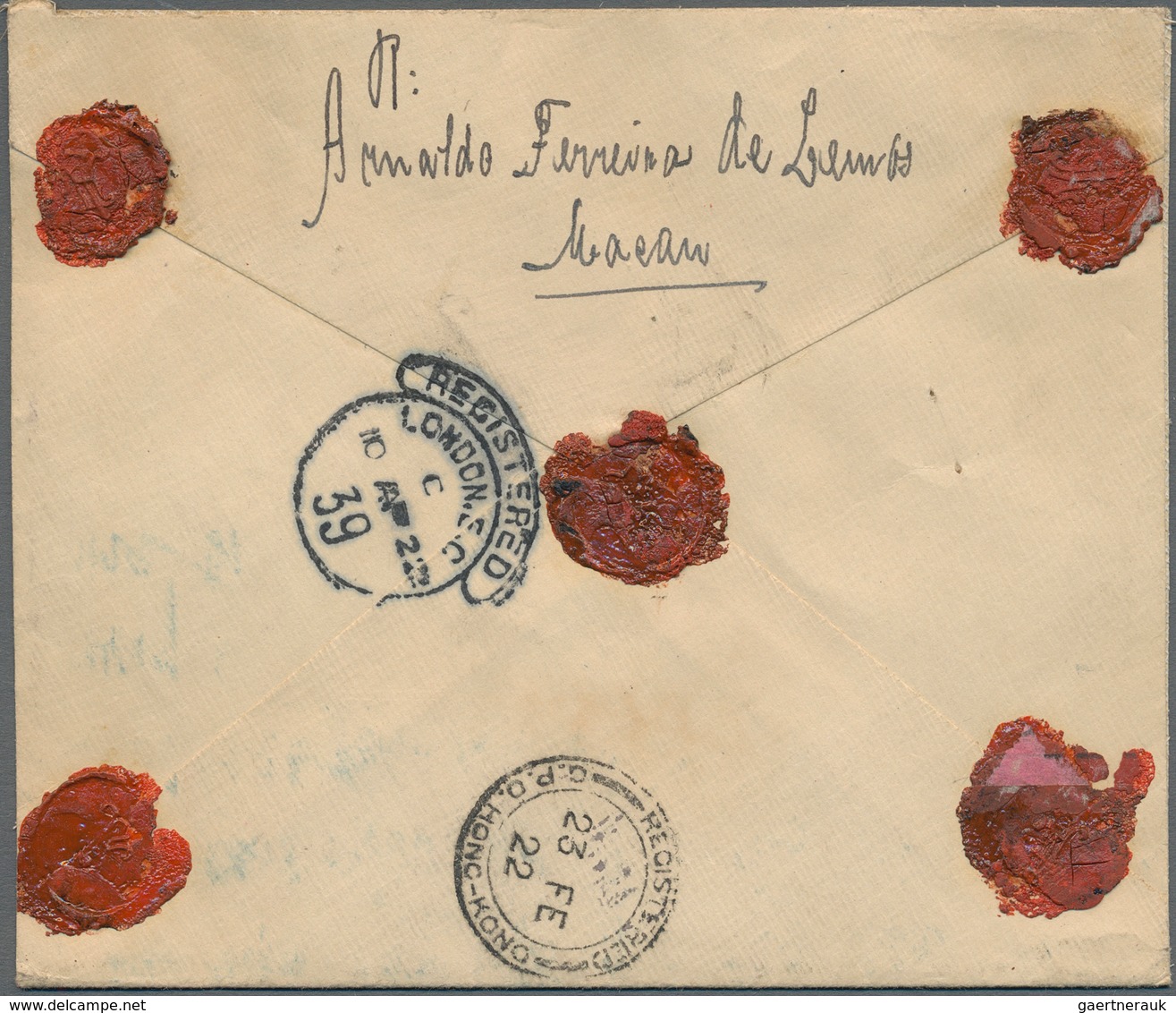 Macau: 1922, 40a. Reddish Purple/black, Single Franking On Insured Avis De Reception Letter (16 Gr./ - Otros & Sin Clasificación