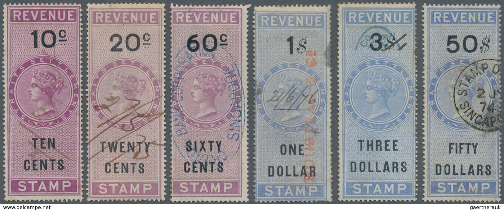 Malaiische Staaten - Straits Settlements: 1874 REVENUES: Six Used QV Revenue Stamps, With 10c, 20c A - Straits Settlements