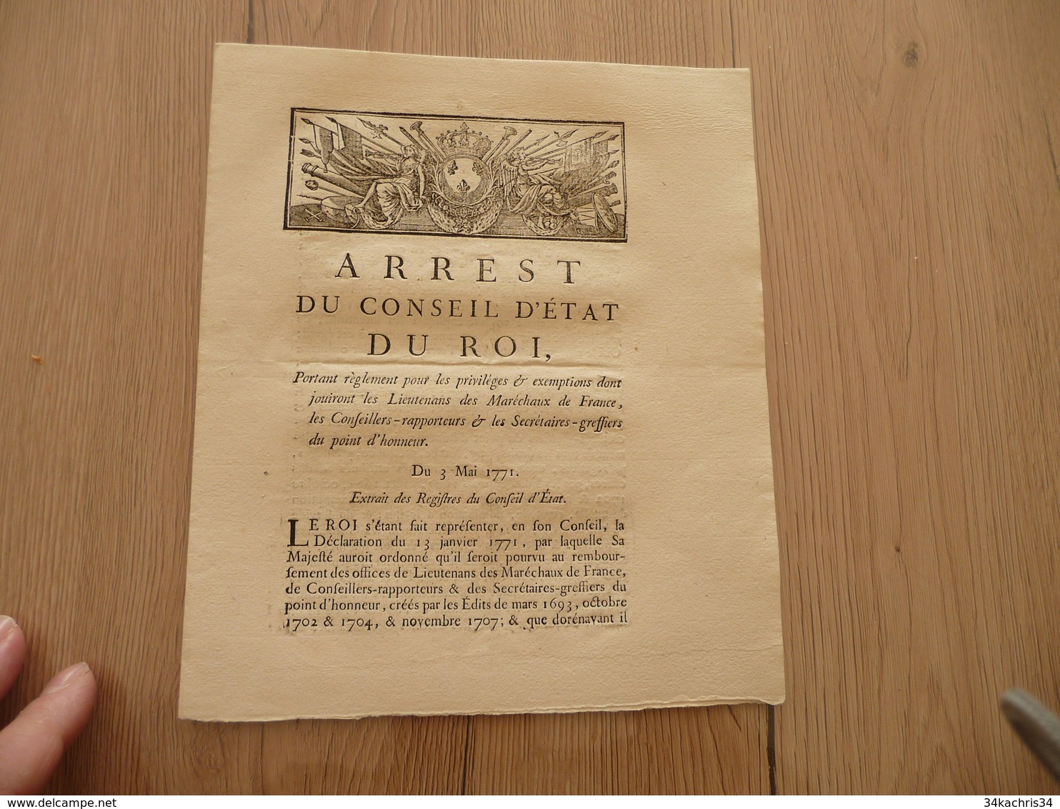 Maréchaux De France Arrest  Du Roi 03/05/1771 Privilèges Exemptions  Lieutenants Maréchaux De France 3p - Décrets & Lois