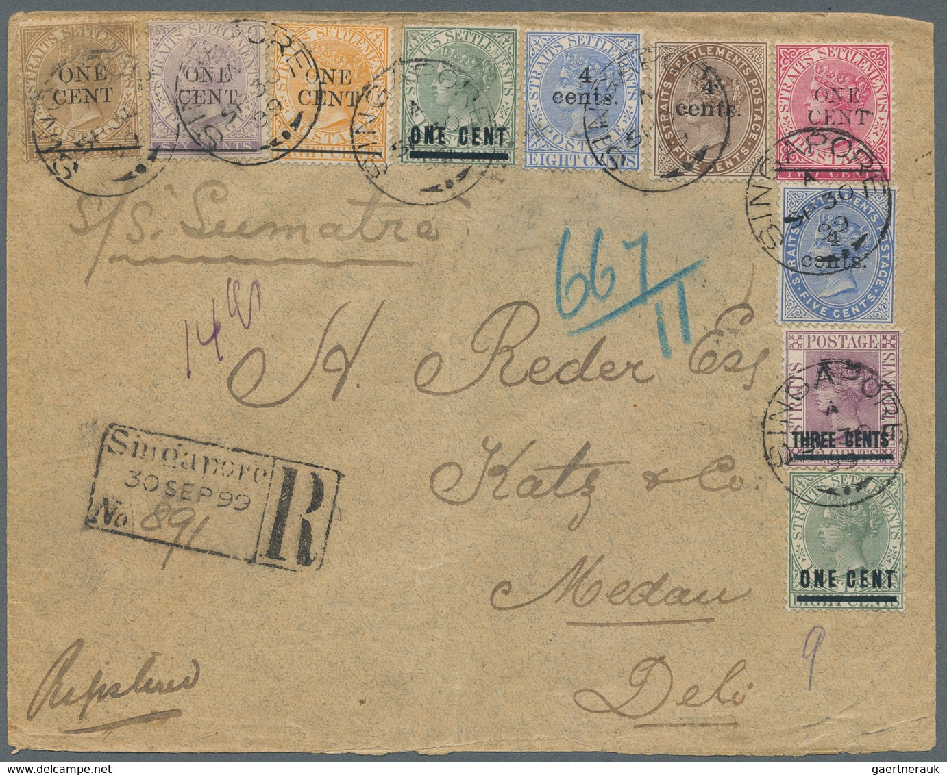 Malaiische Staaten - Straits Settlements: 1899. Registered Envelope Addressed To The Netherlands Eas - Straits Settlements