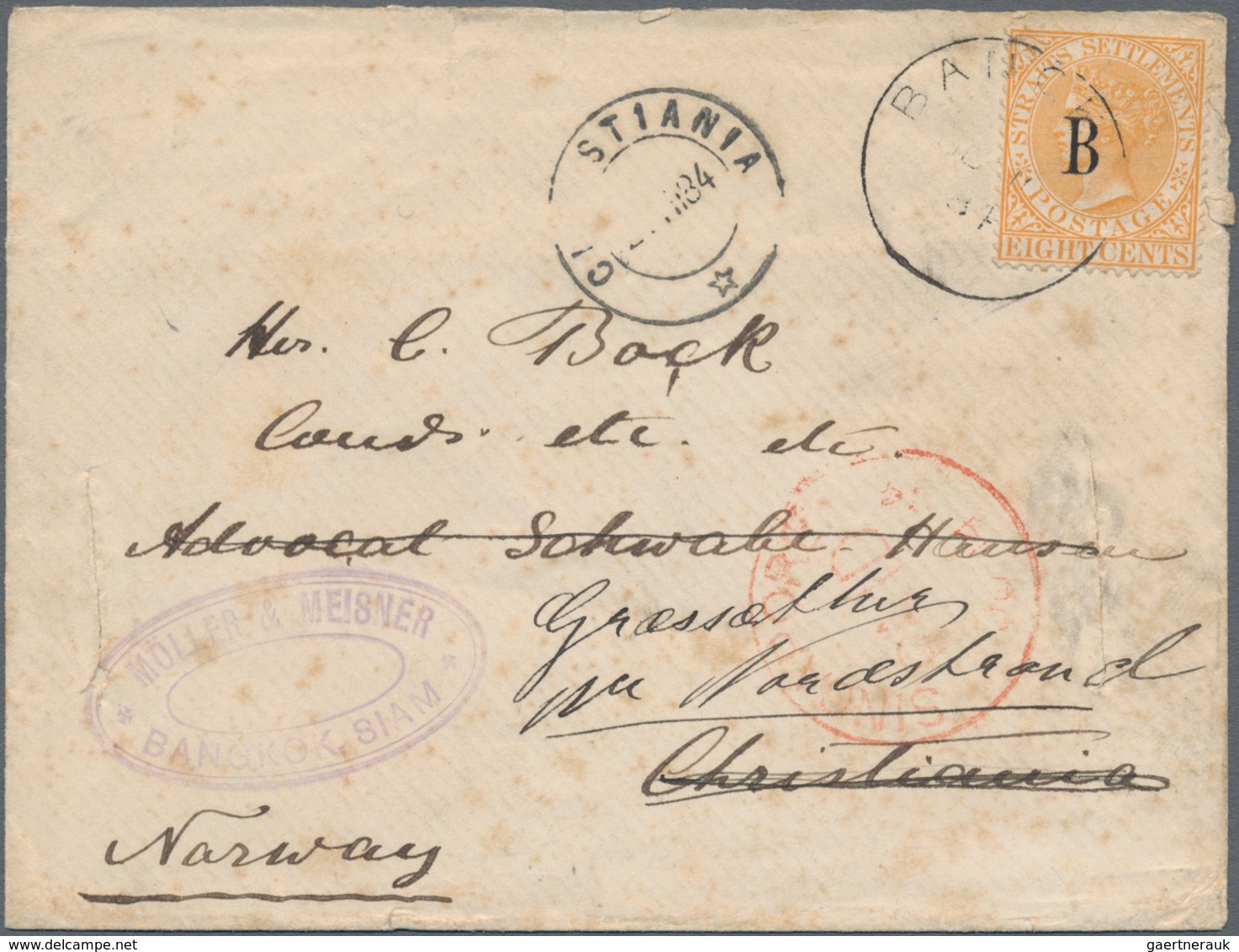Malaiische Staaten - Straits Settlements - Post In Bangkok: 1884 Desination NORWAY: Cover From Mölle - Straits Settlements