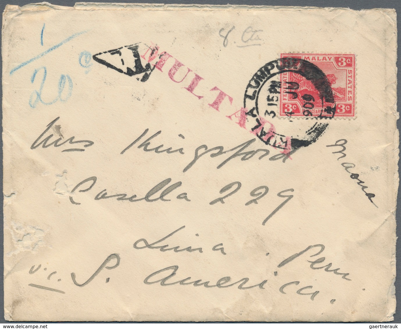 Malaiischer Staatenbund: 1909. Envelope (opened On Two Sites, Minor Faults) Written From 'The Reside - Federated Malay States