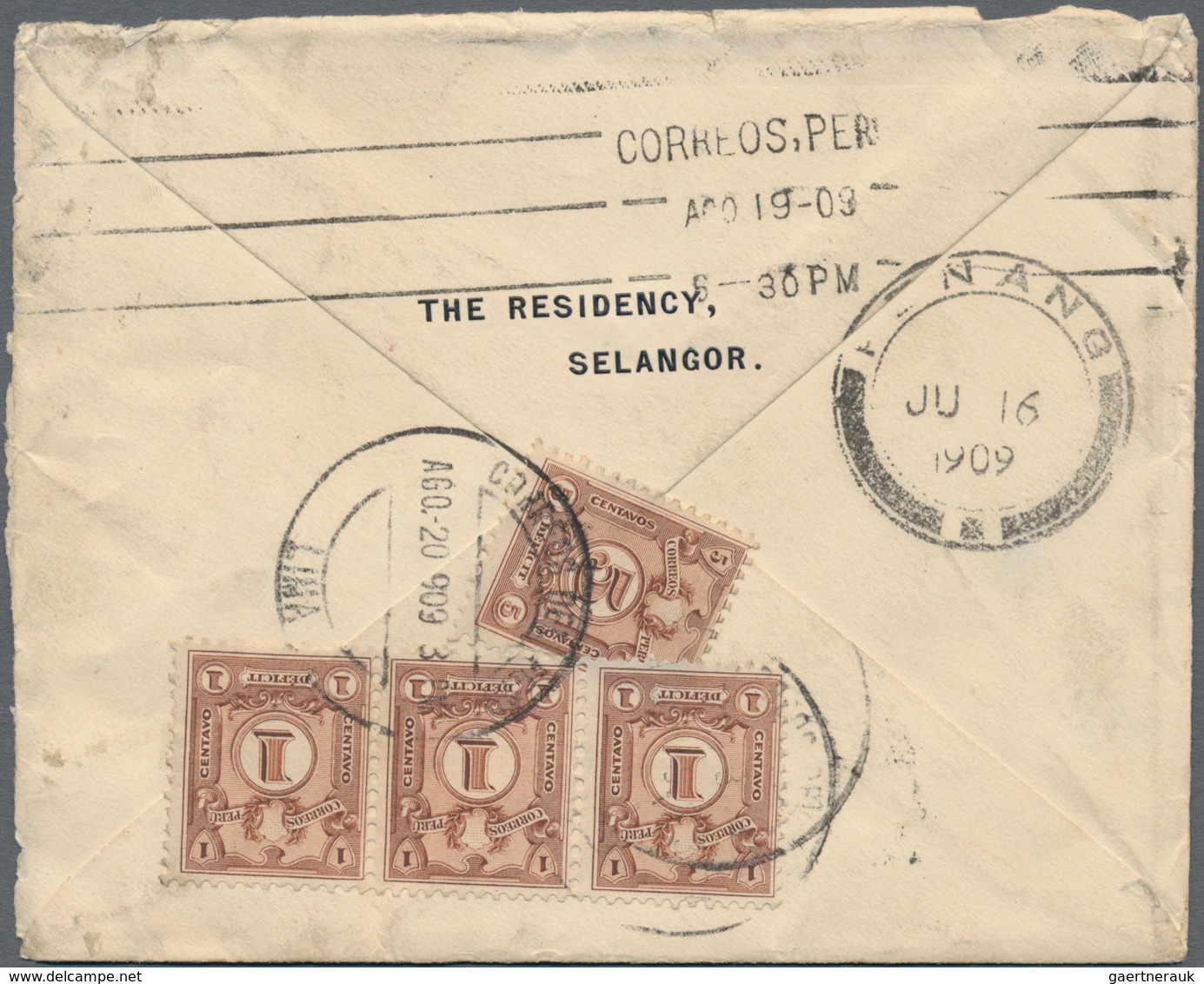 Malaiischer Staatenbund: 1909. Envelope (opened On Two Sites, Minor Faults) Written From 'The Reside - Federated Malay States