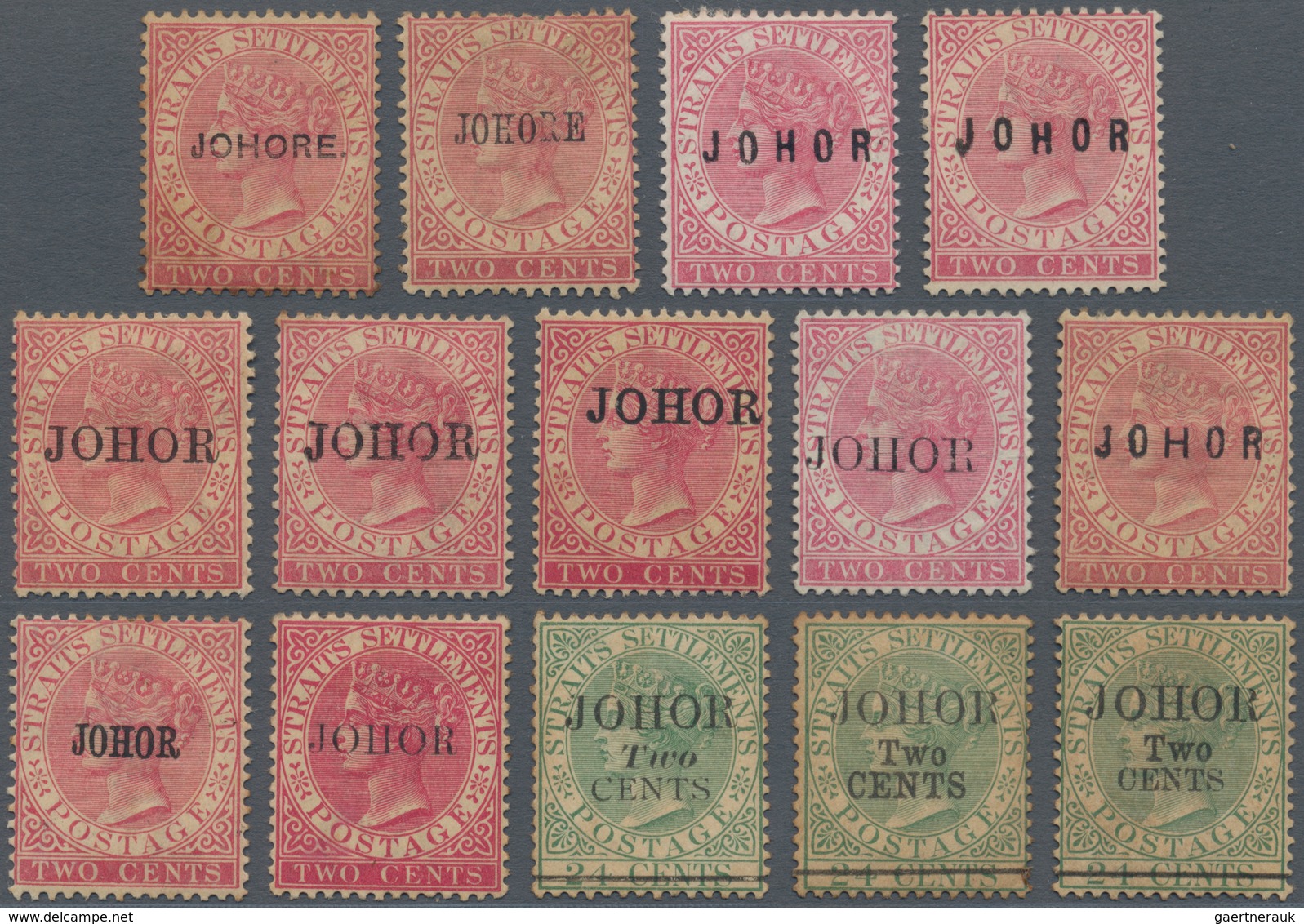 Malaiische Staaten - Johor: 1884-91, Group Of 14 Mint Stamps Showing Various JOHORE/JOHOR Overprints - Johore