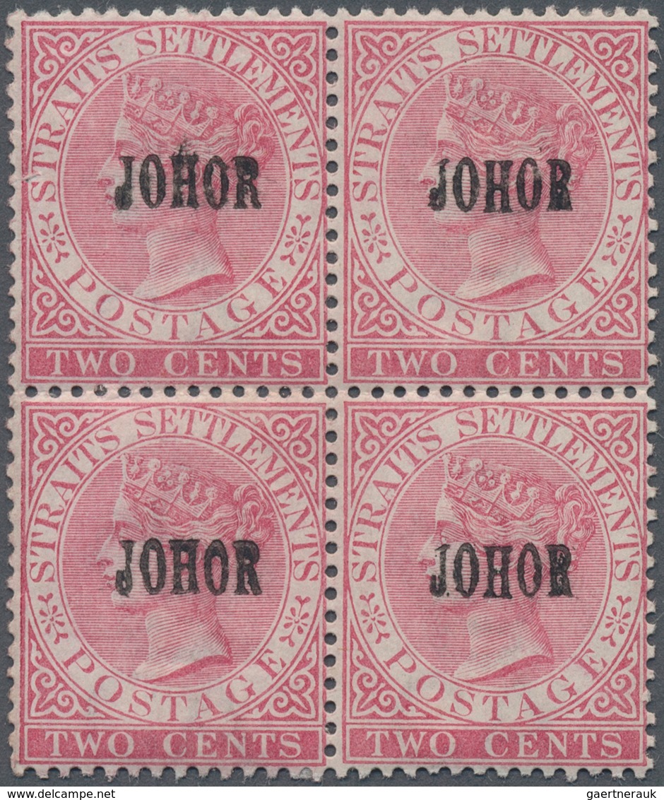 Malaiische Staaten - Johor: 1884-91 QV 2c. Rose Optd. "JOHOR" Type 13, Block Of Four, Mint With Thin - Johore